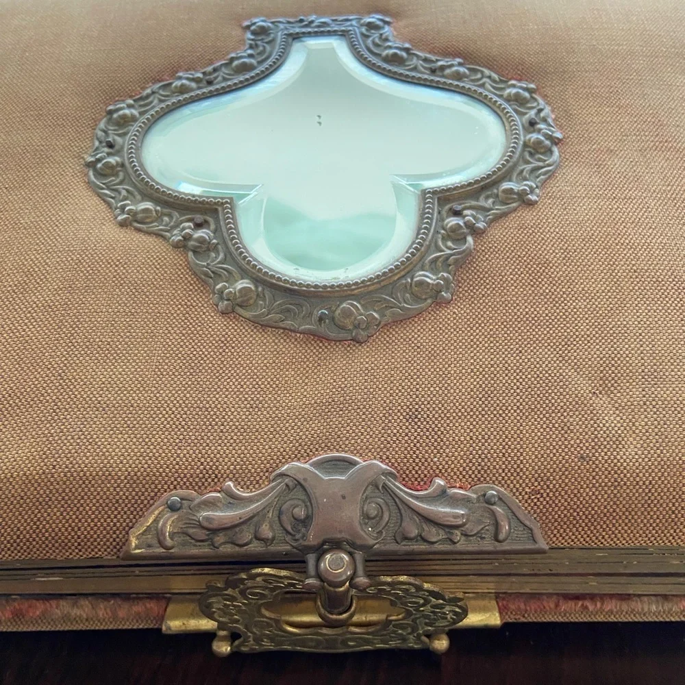 Antique 1894 Victorian Photo Album with Mirror, Built in Stand, Brass Accents